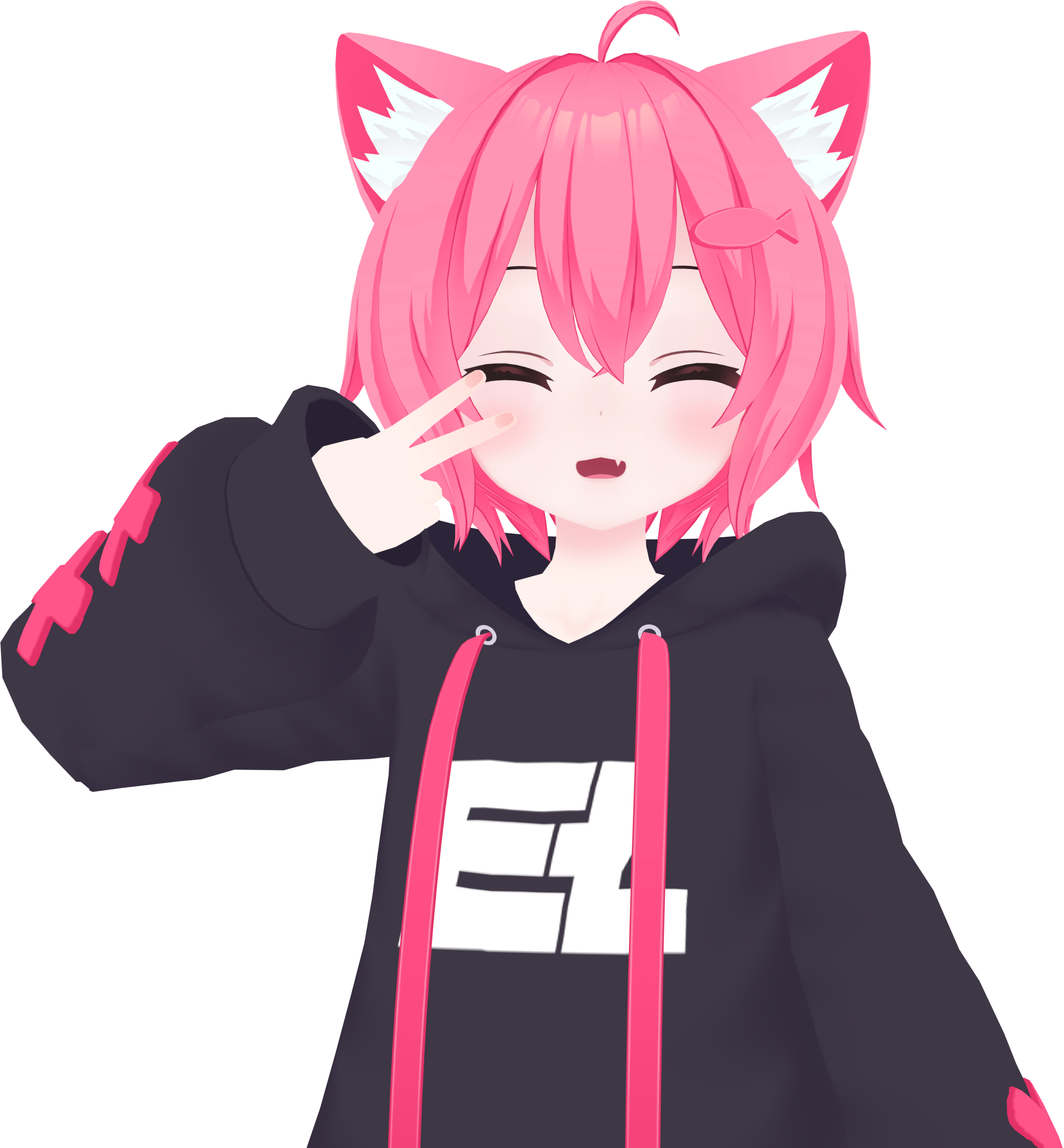 character art of ellitedev smiling and holding two fingers in front of her face